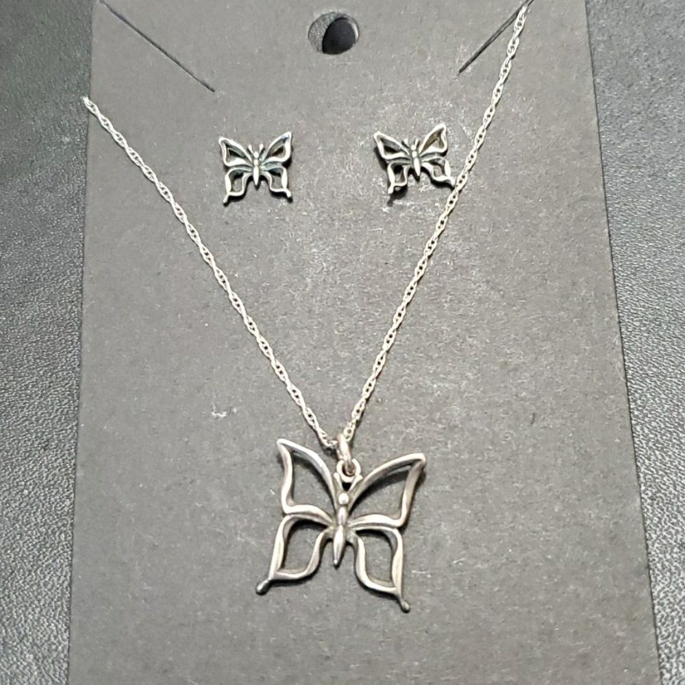 Sterling Silver butterfly necklace & earring set 20"
